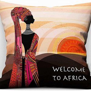 Afrocentric Pillow Cover “Welcome to Africa” Silhouette Warm Sunset Tones18 x 18